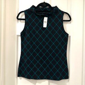 Ann Taylor Sleeveless Mock Neck Top – Black & Teal Grid – NWT – Size XXS